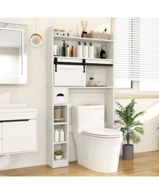 Over The Toilet Storage Cabinet w/ Sliding Barn Door Adjustable Shelves 2 Hooks
