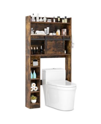Over The Toilet Storage Cabinet w/ Sliding Barn Door Adjustable Shelves 2 Hooks