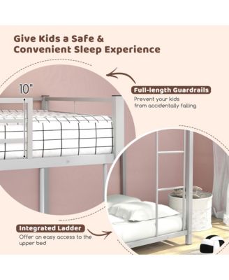 Twin Over Twin Low Metal Bunk Bed with Ladder Guardrails for Teens Adults