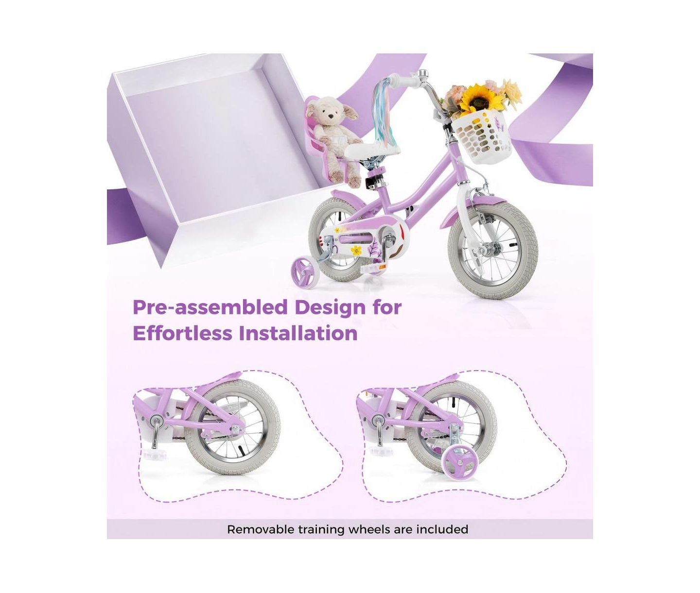 Детская игрушка HONGGE 12-Inch Bike with Doll Seat, Ages 3-8, цвет: Фиолетовый — фото 6