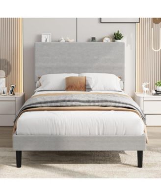  Bed Frame with USB Charging Station, Corduroy Upholstered Platform Bed Frame with Adjustable Storage Headboard, Wooden Slats Support