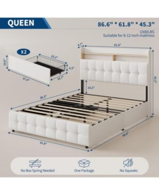 Bed Frame with 2 Storage Drawers, Upholstered Bed Frame Full with LED Light, Double-Layer Bedside Headboard with Charging Socket