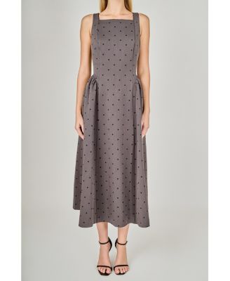 Women's Square Neck Polka Dot Gathered Waist Midi Dress