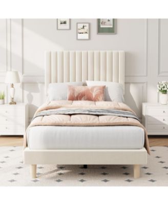 Bed Frame with Adjustable Headboard, Velvet Upholstered Platform Twin Size Bed Frame, Vertical Channel Tufted, Strong Wooden Slats