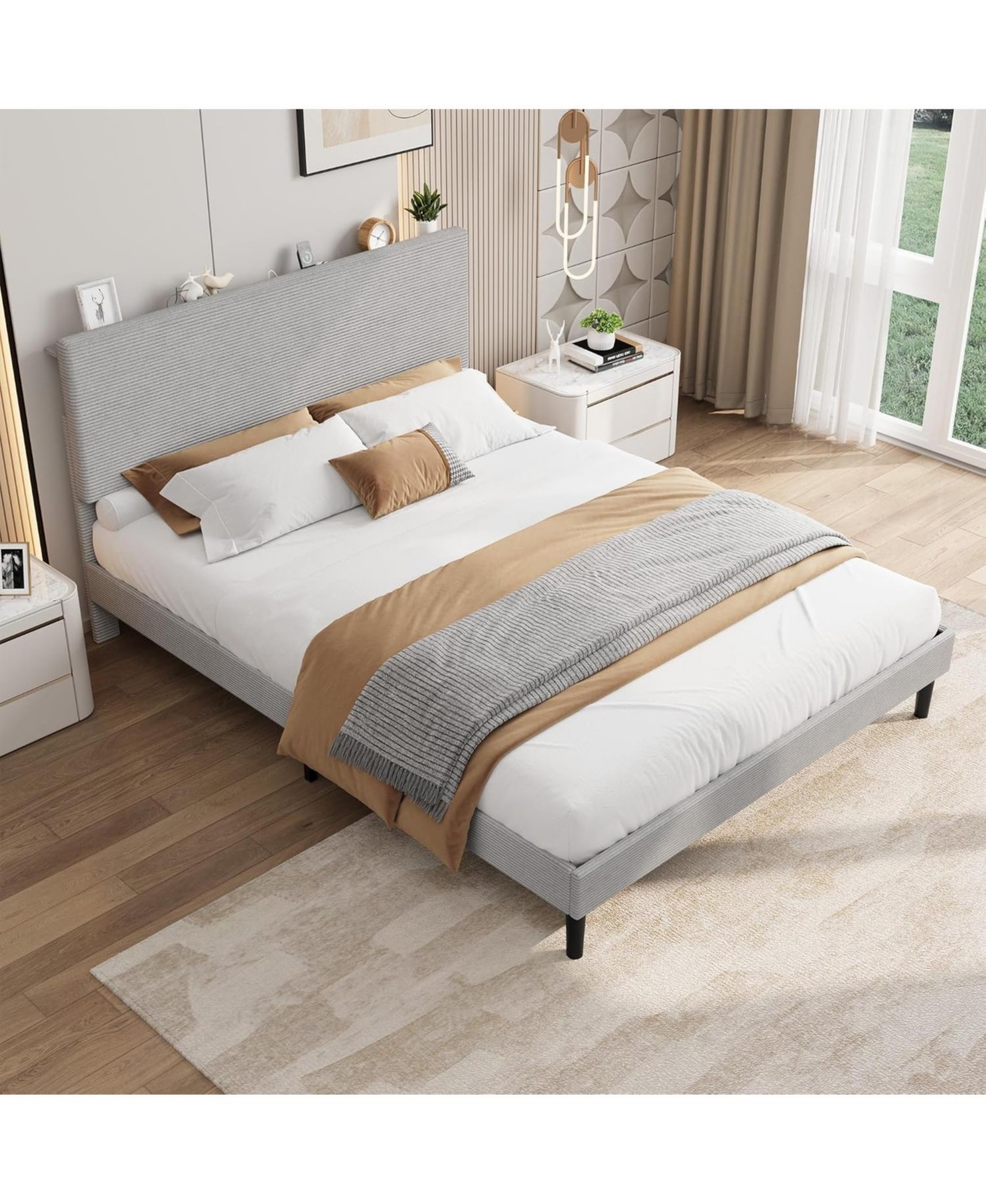 gaomon Bed Frame with Usb Charging Station, Corduroy Upholstered Platform Bed Frame with Adjustable Storage Headboard
