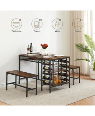 Dining Table Set for 4, 47.2" Rectangular Table with 2 Benches, Metal Frame, Wine Rack, 2-Tier Shelf, Vintage
