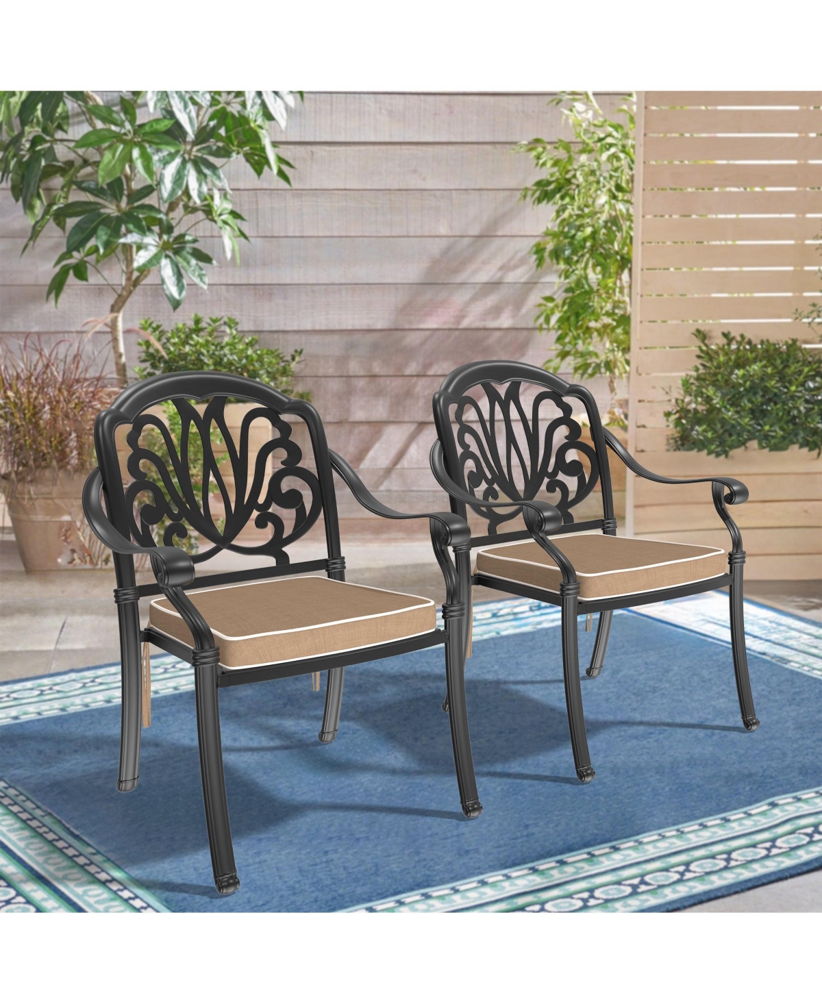 Clihome 2Pcs Patio Dining Chair Cast Aluminum Chair with Frame and Cushions