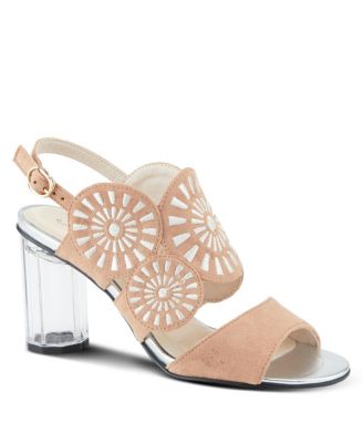 Women's Embroidery Pumps and Heels - Geometric Design, Adjustable Ankle Strap, Transparent Cylindrical Heel
