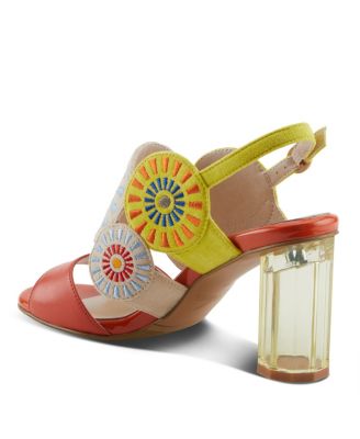 Women's Embroidery Pumps and Heels - Geometric Design, Adjustable Ankle Strap, Transparent Cylindrical Heel