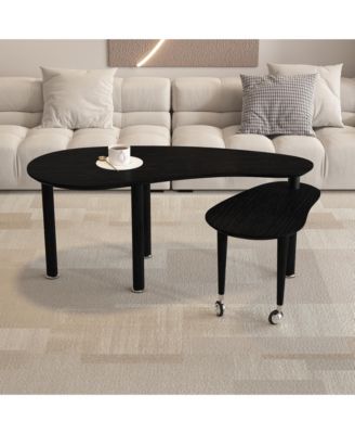 Rotatable Coffee Table, Nesting Coffee Tables with Swivel Function, Modern Wood Oval Center Table for Living Room