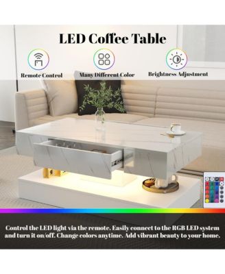LED Coffee Table, Modern Living Room Table, 2-Tier Center Table with Storage Drawer for Home Office, Waiting Area, Reception Room