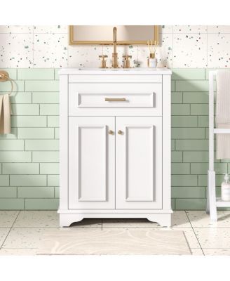 24" Bathroom Vanity with Ceramic Sink, Modern Freestanding MDF Cabinet, Tip-Out Drawer Soft Close Door for Small Bathrooms