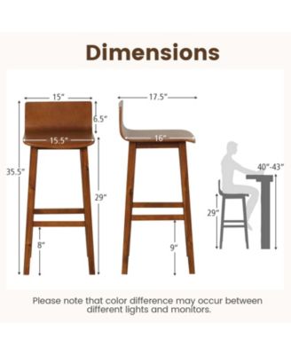 Set of 2 Wooden Bar Stools 29 Inch with Back and Seat