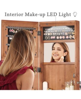Solid Wood Jewelry Armoire Organizer Cabinet with Full-Length Mirror Wall-Mounted Lockable with LED Light 47.5x14.3 in