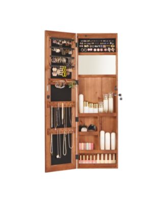 Solid Wood Jewelry Armoire Organizer Cabinet with Full-Length Mirror Wall-Mounted Lockable with LED Light 47.5x14.3 in