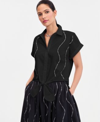 Petite Rhinestone Short-Sleeve Collared Top