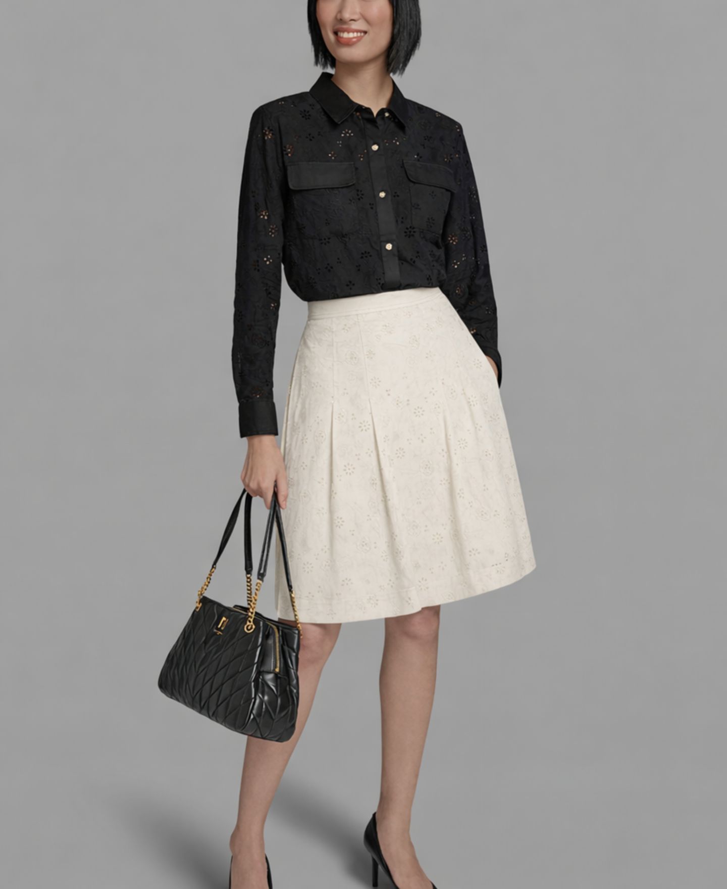 Женская юбка KARL LAGERFELD PARIS A-Line Eyelet, цвет: Мягкий белый — фото 1