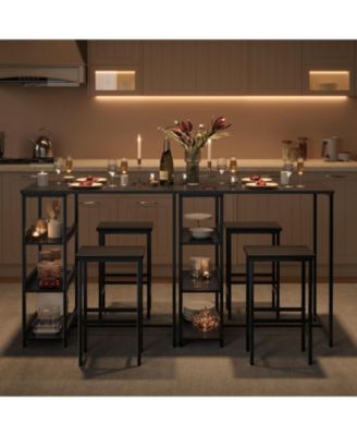 3-Piece Kitchen Table Set with Storage Shelves & 2 Bar Stools, Iron & Wood, Dining Table for Small Spaces