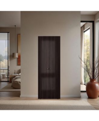 Home 2 Doors Closet System Armoire Hanging Rod Storage Shelf-Stained Walnut Modern Bedroom Storage Organizer 66.9inch High