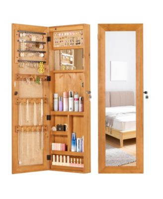Solid Wood Jewelry Armoire Organizer Cabinet with Full Length Mirror Wall Mounted Lockable with LED Light