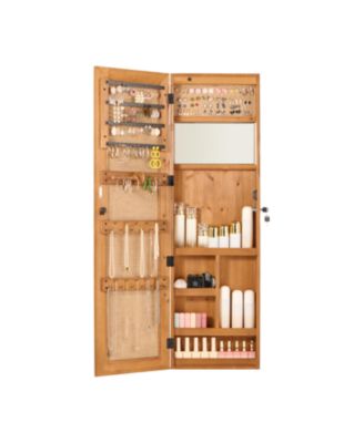 Solid Wood Jewelry Armoire Organizer Cabinet with Full Length Mirror Wall Mounted Lockable with LED Light