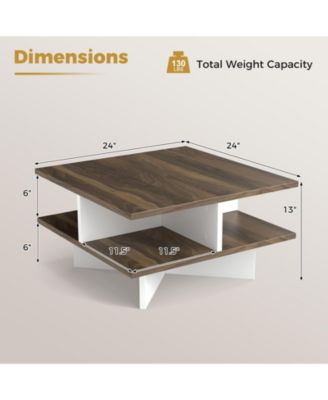2-Tier Square Coffee Table with 4 Storage Compartments-Walnut