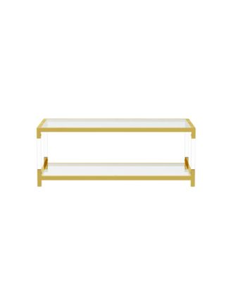 Coffee Table - Double Layer Tempered Glass Top with Golden Metal Frame, Rectangular Center Table for Living Room and Home Office