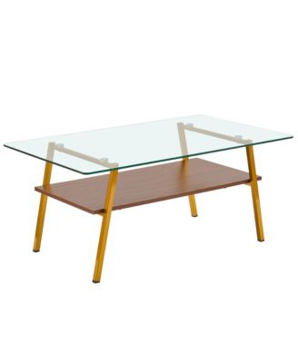 Rectangle Coffee Table, 2 Tier Center Table with Clear Tempered Glass Top and Metal Legs for Living Room