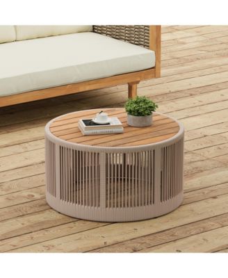 Outdoor Rattan Coffee Table - Round Acacia Wood Top & Rope Side Table, for Garden, Deck, Balcony