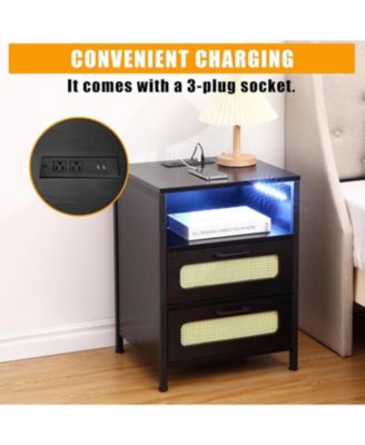 Nightstand with LED Lighting Charging End Table with 2 USB Ports and 2 Outlets Bedroom Night Stand with 2 Rattan Decorated Drawers , Open Shelf