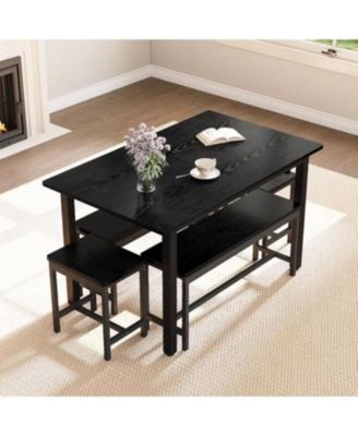 5-Piece 63" Modern Extendable Dining Table Set with 2 Benches and 2 Square Stools