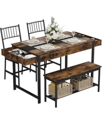 4-Piece Farmhouse Rectangular Dining Table Set with 2 Chairs and Bench