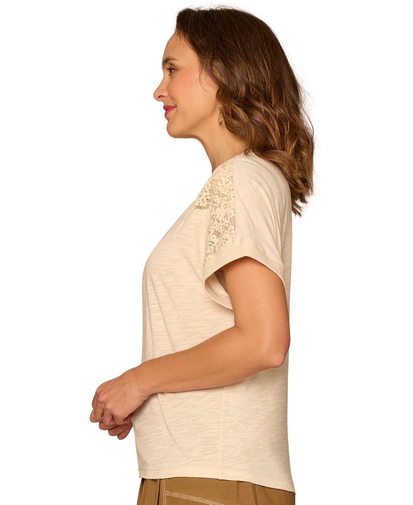 Democracy Petite Lace-Trim Crewneck Knit Top, цвет: Мягкий льняной — фото 2