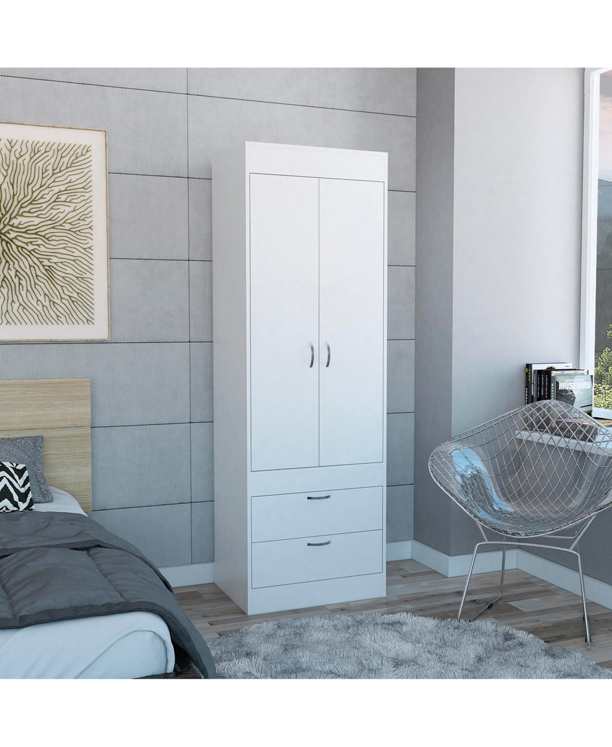 flynama Armoire with Large Double Door Cabinet Two Bottom Drawers and Hanging Rod Bedroom Storage Organizer