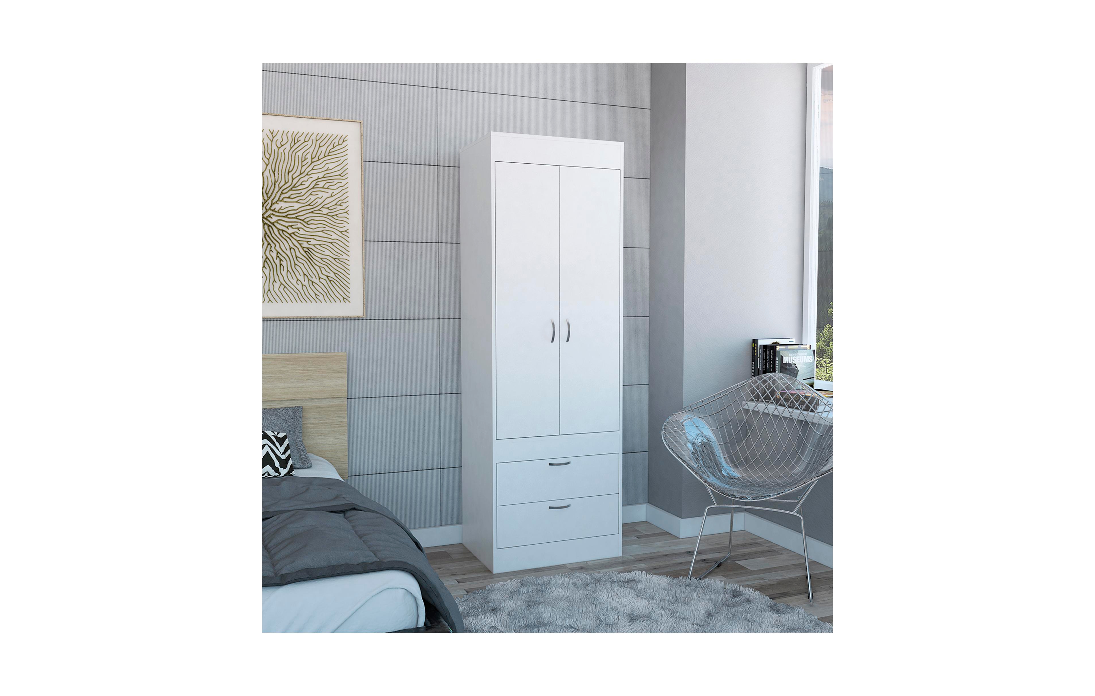 flynama Armoire with Large Double Door Cabinet Two Bottom Drawers and Hanging Rod Bedroom Storage Organizer