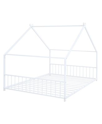 White Metal House Bed with Roof Design Semi Enclosed Space and Integrated Slat Support