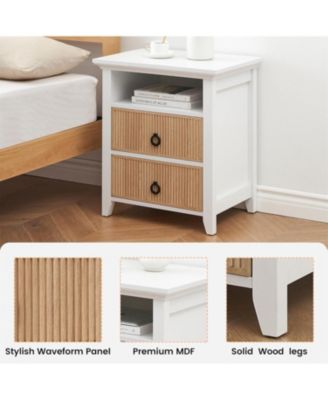 Wooden Nightstand with 2 Drawers and Open Shelf Ripple Pattern Bedside Table with Fluted Design Suitable End Side Table for Bedroom Living Room