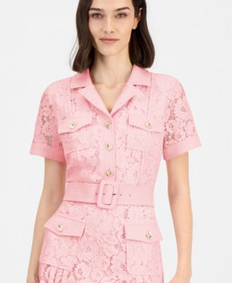 Women's Belted Short-Sleeve Lace Midi Shirt Dress 