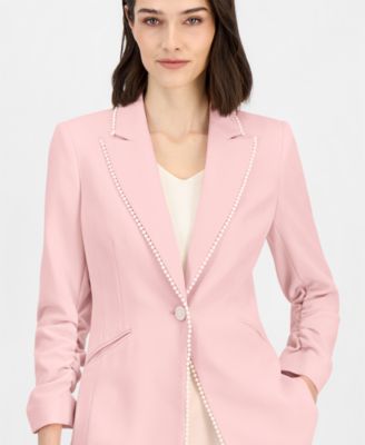 Women's Faux-Pearl-Trim Ruched-Sleeve Blazer