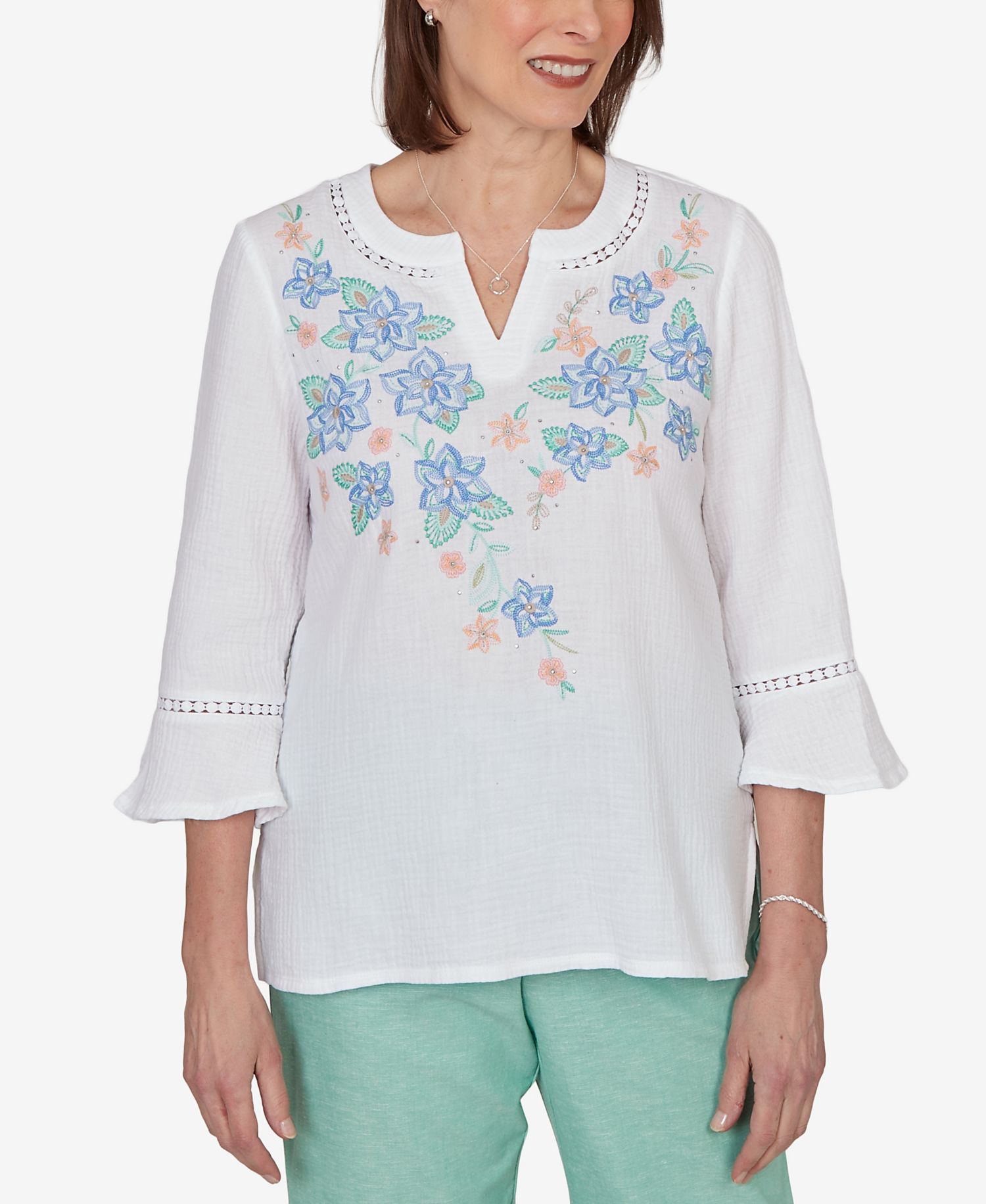 Women's Caribbean Blues Tropical Floral Split Neck Embroidered Top