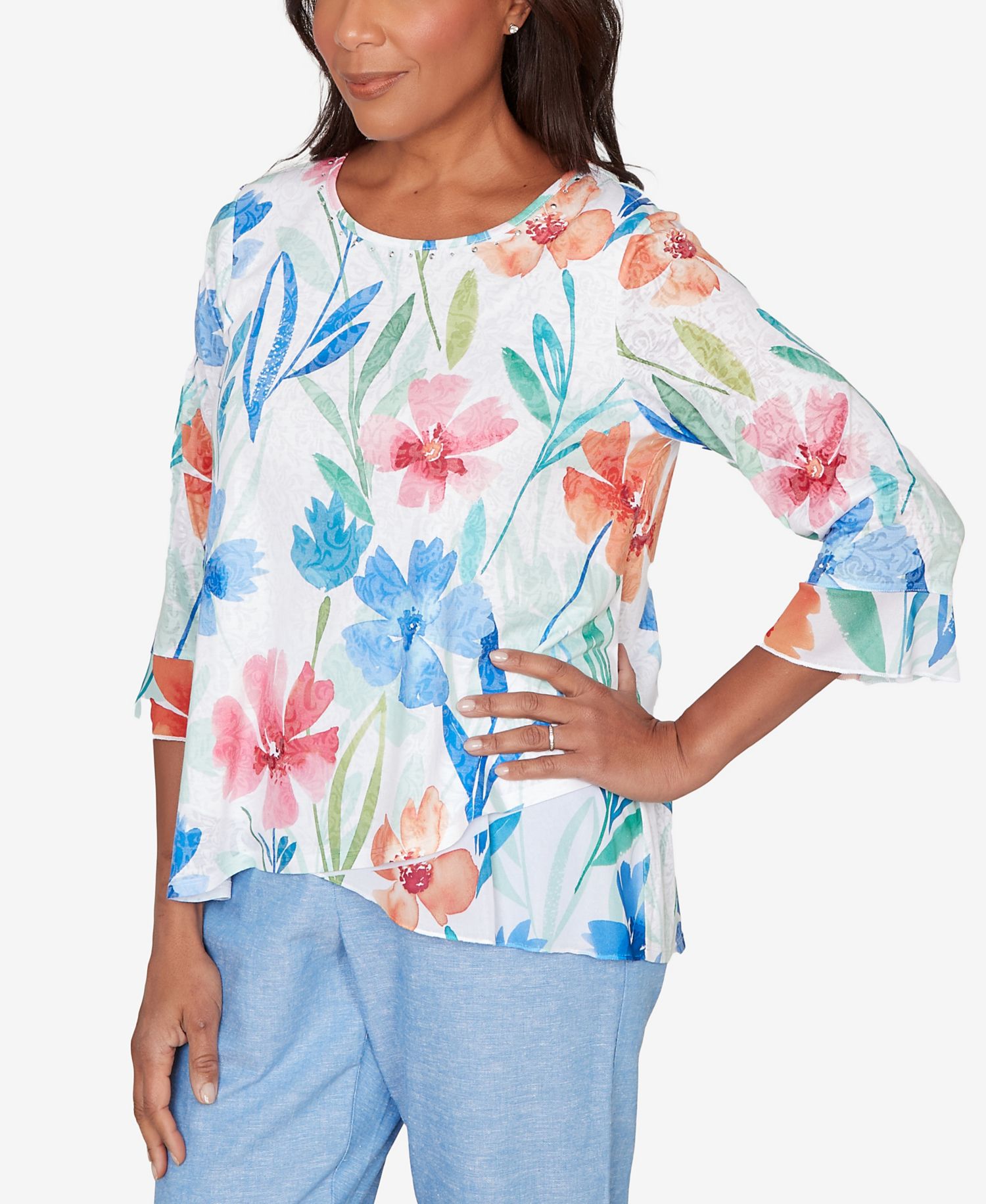 Women's Caribbean Blues Whimsical Flower Bell Sleeve Top