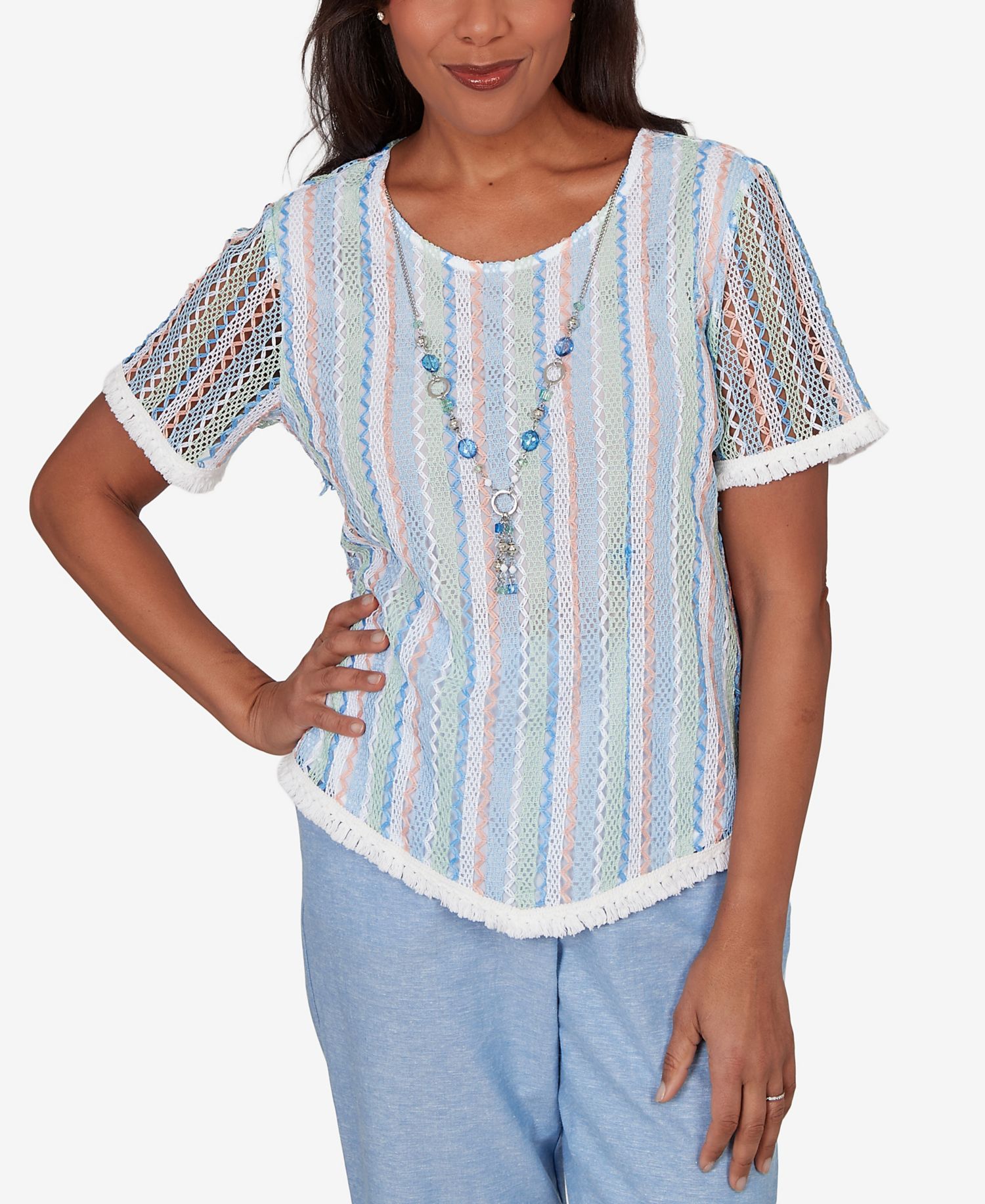 Women's Caribbean Blues Textured Stripe T-Shirt with Necklace