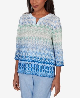 Women's Caribbean Blues Ombre Biadere Split Neck Top
