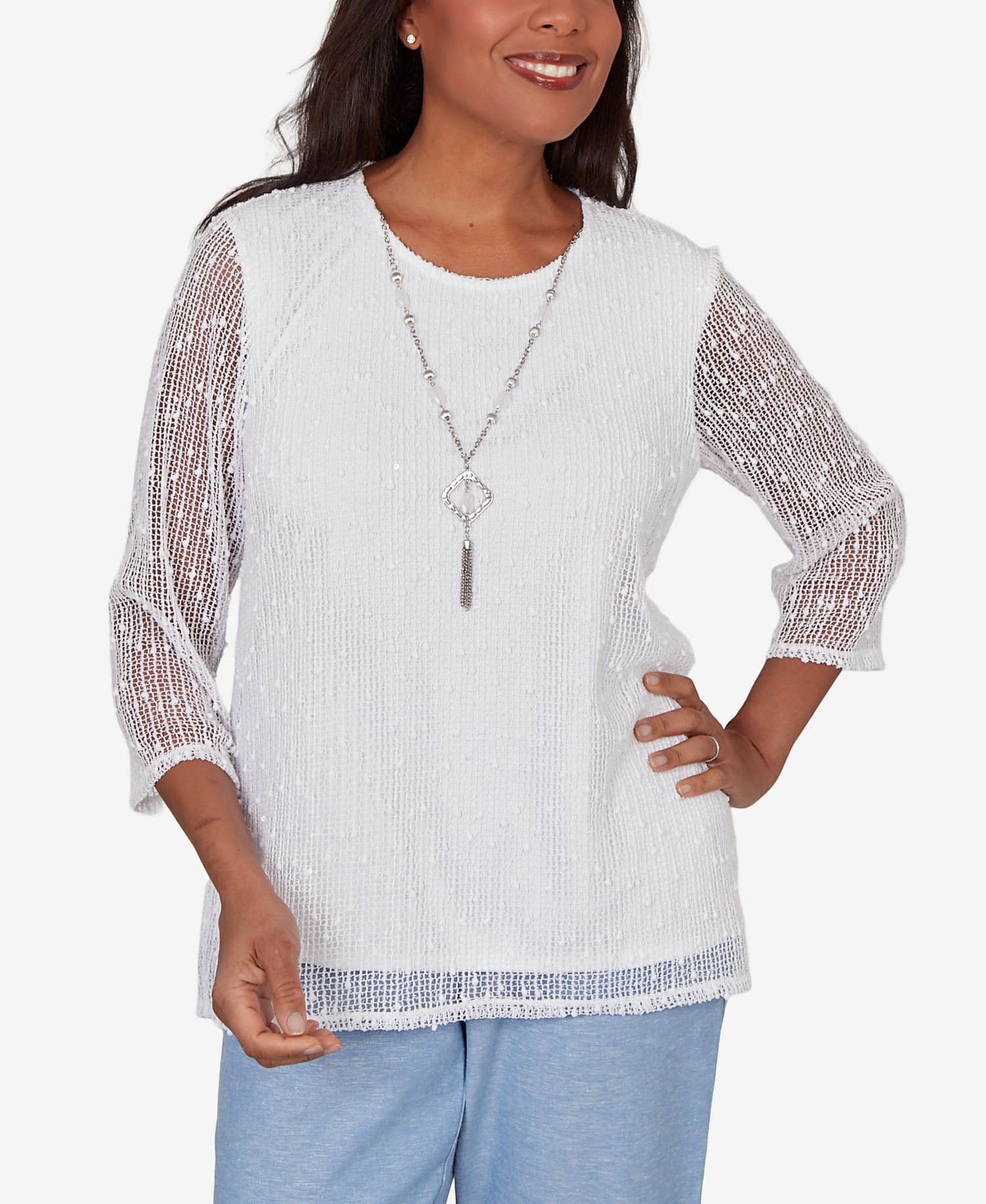 Women's Caribbean Blues Popcorn Mesh Solid Top with Necklace