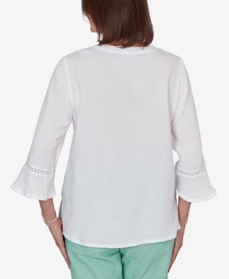 Petite Caribbean Blues Tropical Floral Split Neck Embroidered Top