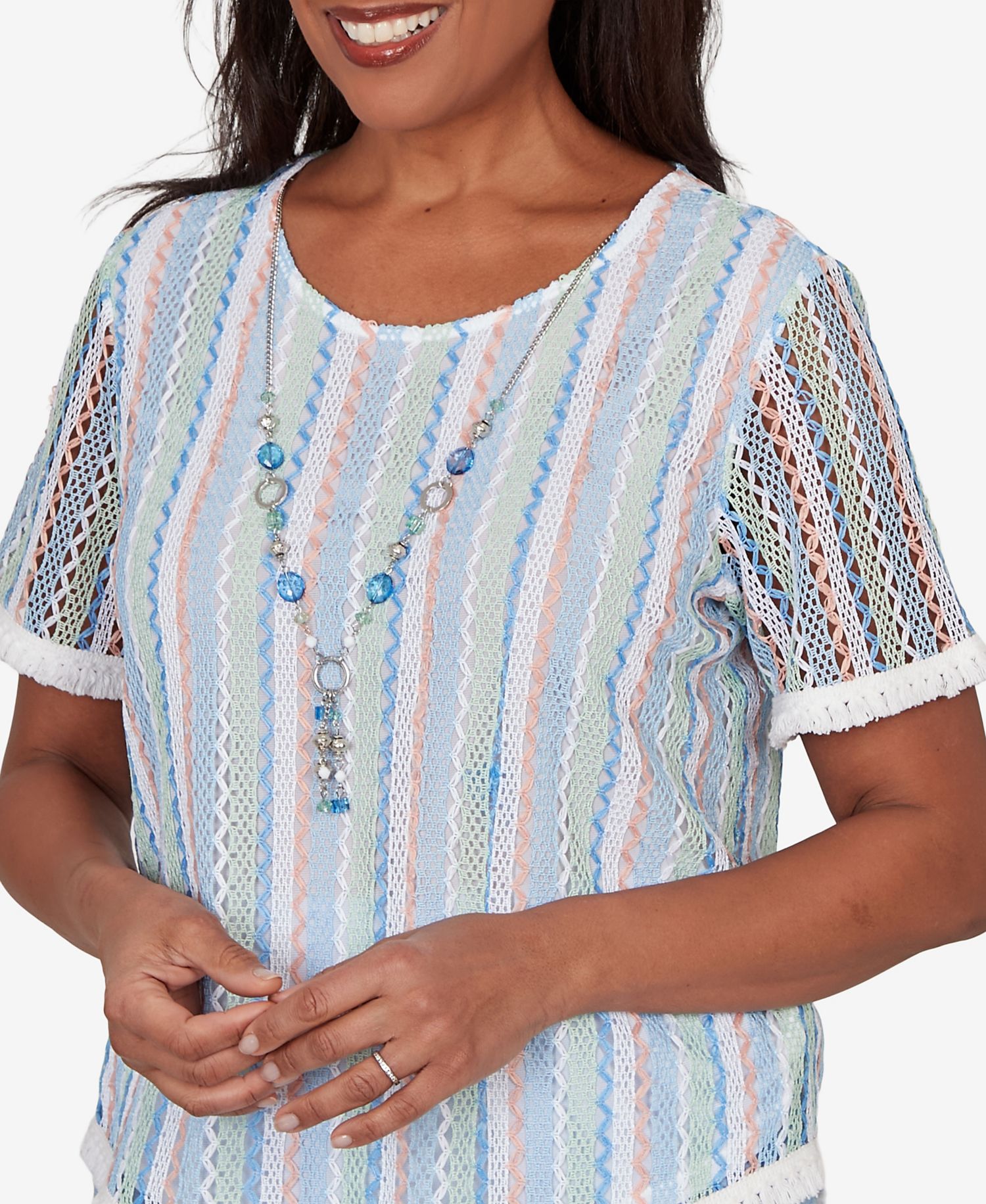 Petite Caribbean Blues Textured Stripe T-Shirt with Necklace
