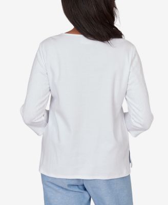 Petite Caribbean Blues Embroidered Dragonfly Floral Top