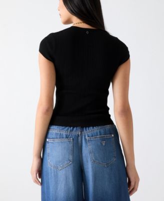 Women's Short-Sleeve Crew Neck Rib Pointelle Mix Kara Sweater