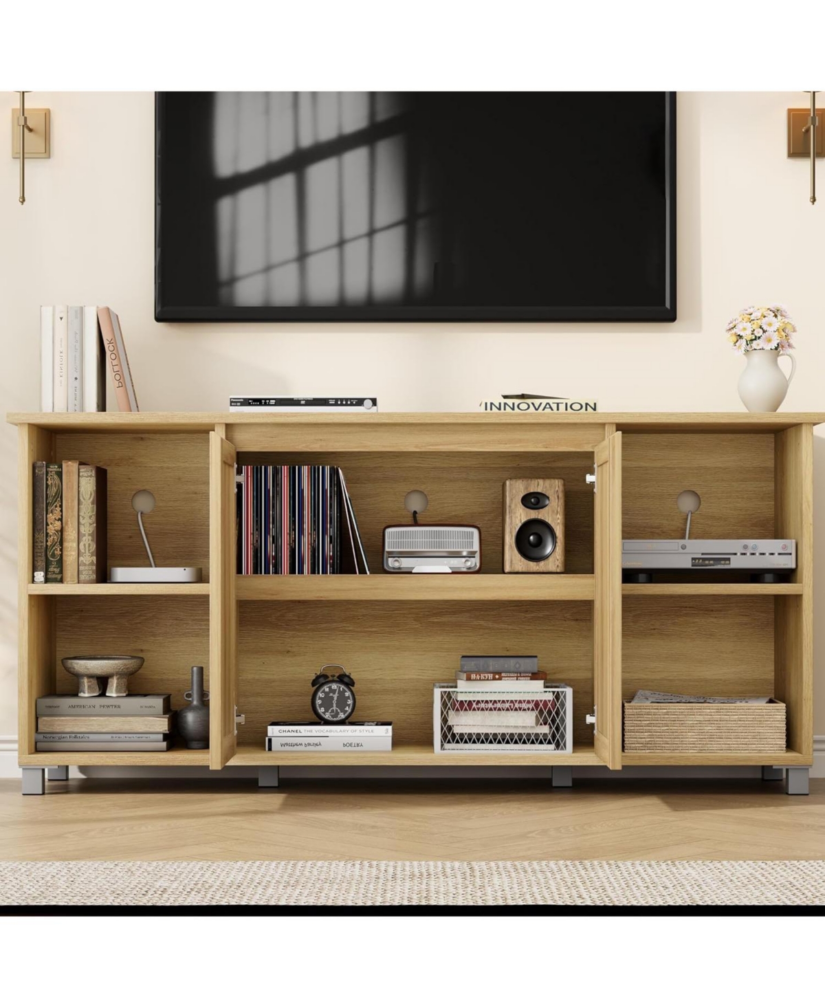 gaomon 63" Mid-Century Modern Tv Stand Rattan Door Entertainment Center with 2 Storage Cabinets & 3 Open Shelves, Media Console for Living