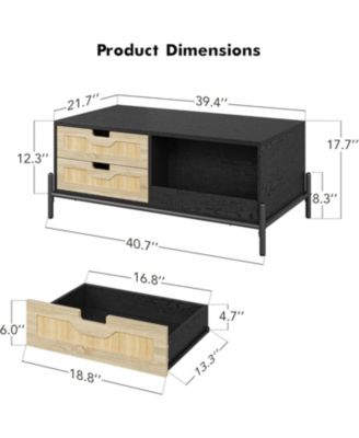Wooden Coffee Table, Modern Farmhouse Style 394" Table with 4 Hidden Drawers and 2 Open Compartments, Room Tables with LED Mood Lighting